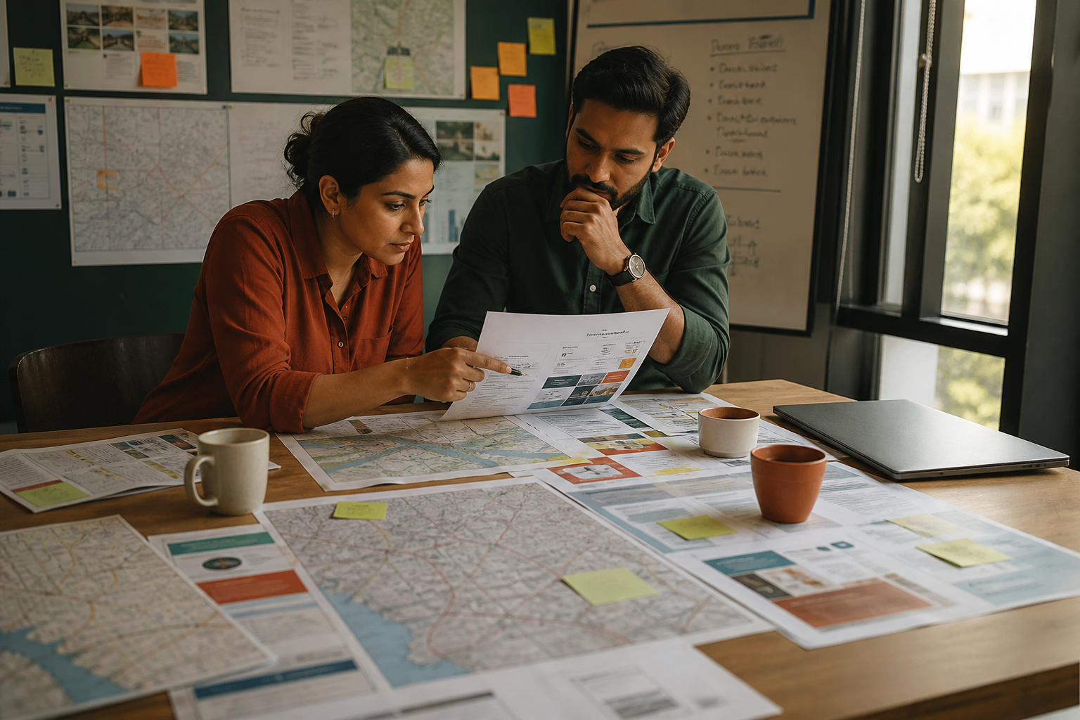 Marketing team reviewing printed city maps and a campaign brief on a planning table