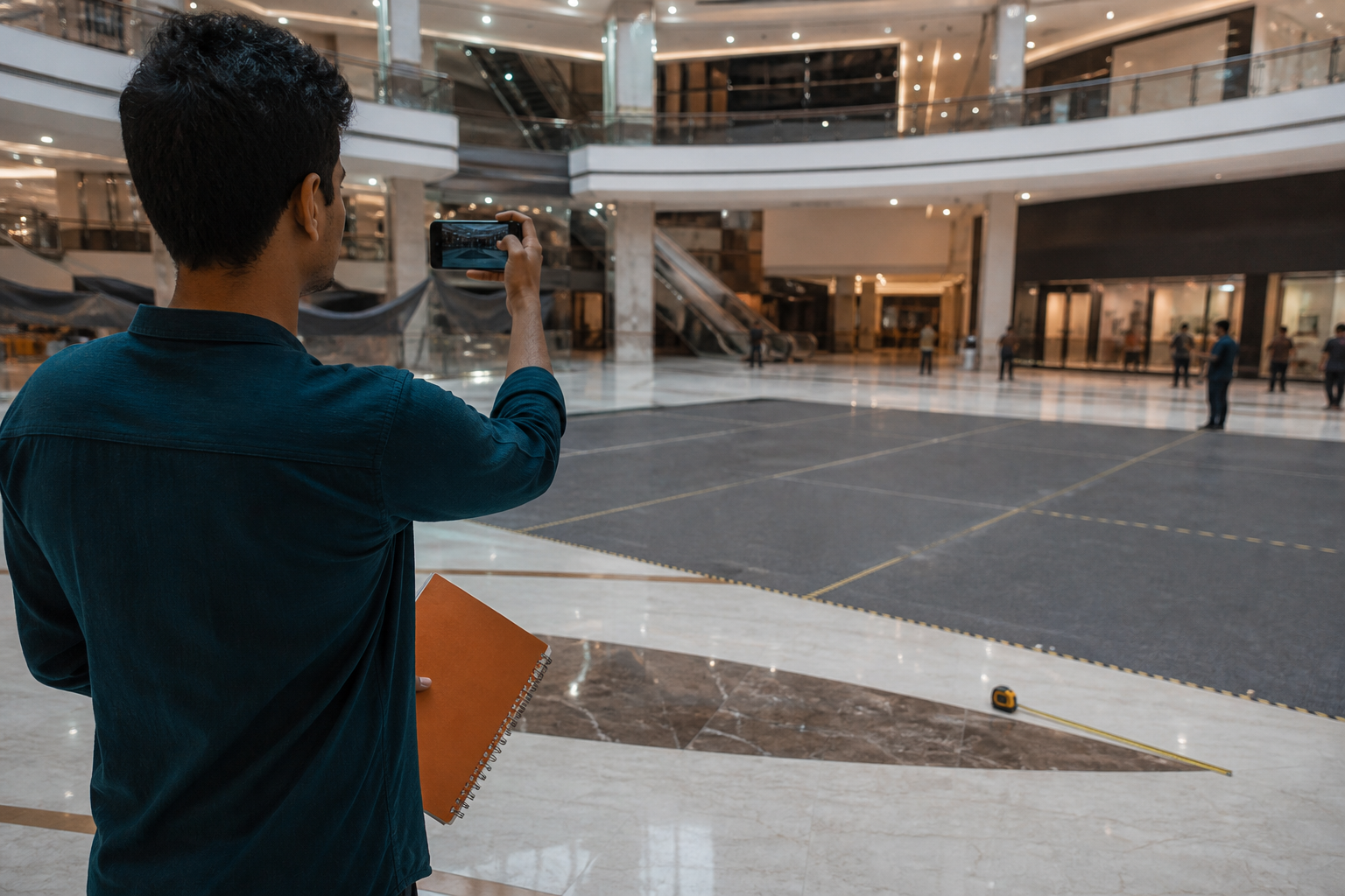 Field coordinator photographing and measuring a mall atrium zone before an activation setup