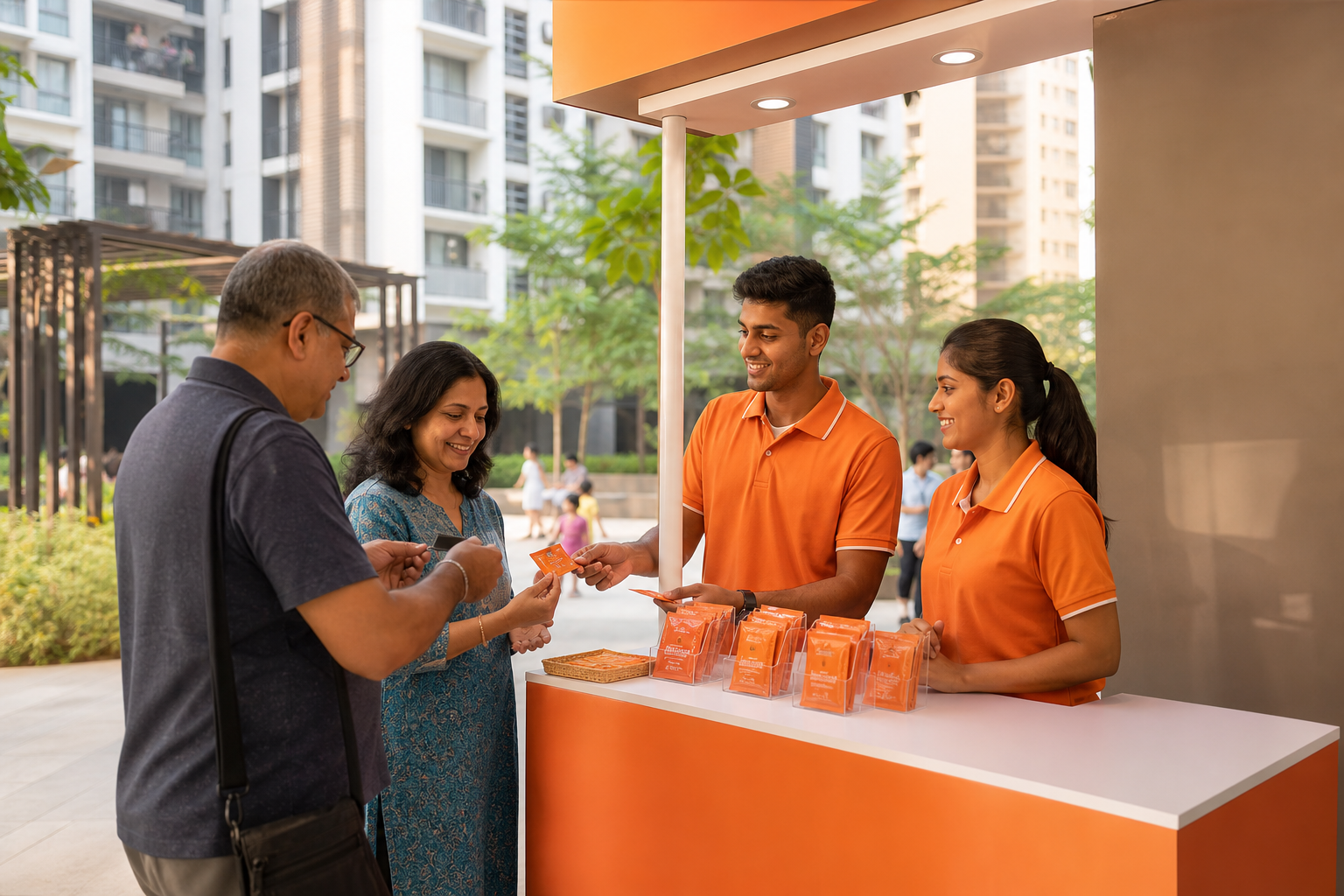 Promoters running a product sampling activation in a Navi Mumbai housing society courtyard