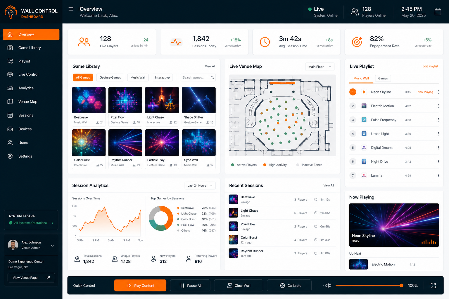 Interactive wall control dashboard with game library and live session analytics