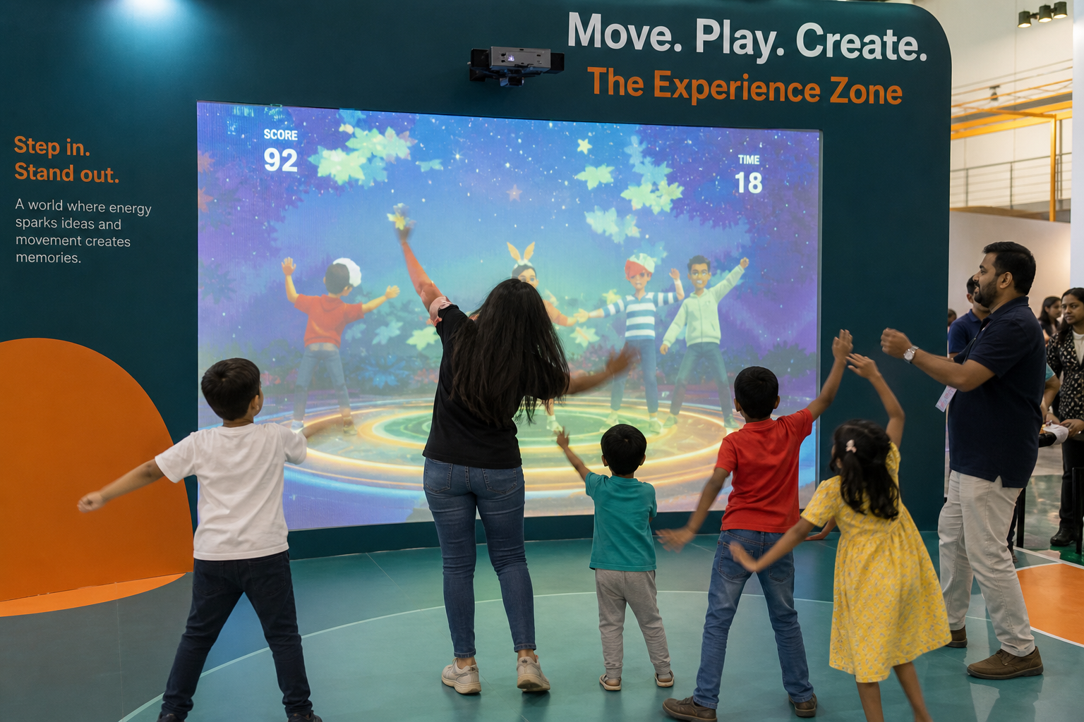 Guests playing gesture games on an interactive projection wall at a brand activation