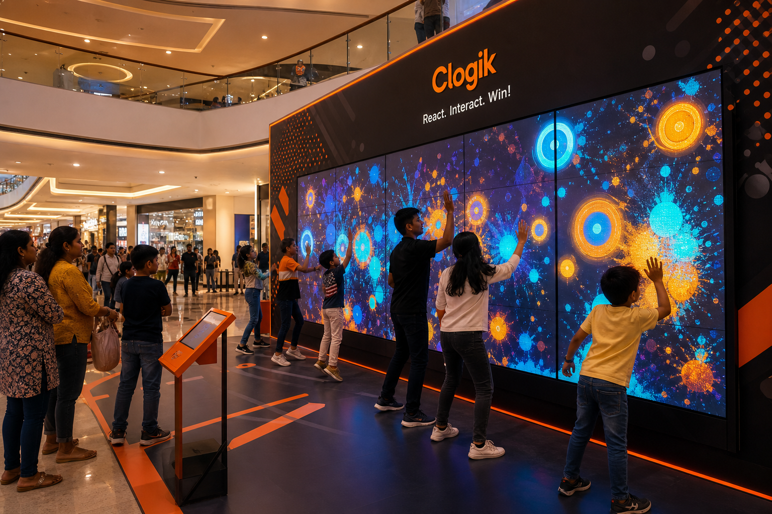 Interactive LED wall installation engaging shoppers in an Indian mall atrium